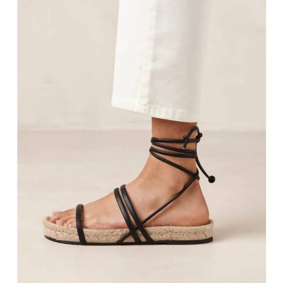 ALOHAS Rayna Leather Strappy Tie Espadrille Sandals in Black - Picture 1 of 11